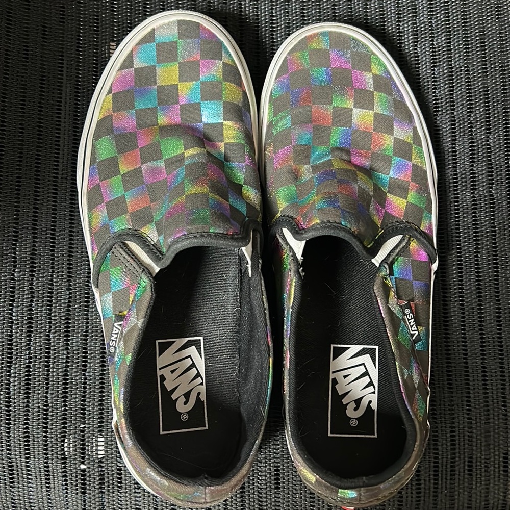 Vans Off the Wall Black Metallic Check Slip On Sneakers Shoes size 8.5 women’s